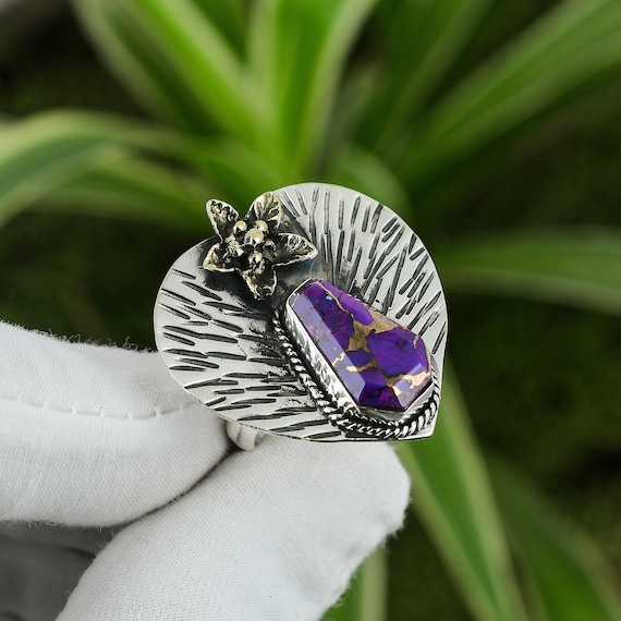 Anillo turquesa purpura de cobre facetado 925 Anillo de plata esterlina Anillo ajustable Anillo hecho a mano chapado en oro de 18 quilates Joyeria Etsy Mexico