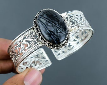 Handgefertigte Armspange aus Picasso Jaspis: 925 Sterling Silber Armreif verstellbar