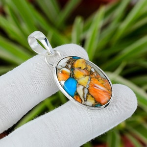 Spiny Oyster Copper Turquoise Pendant 925 Sterling Silver Pendant Natural Oyster Gemstone Pendant Handmade Statement Jewelry Gift For Women