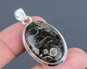 Handmade Turritella Agate Pendant: 925 Sterling Silver Gemstone Jewelry