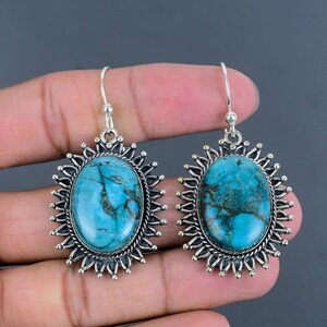 Handmade Tibetan Turquoise Earrings: 925 Sterling Silver Gemstone Jewelry