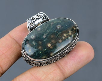 Pendentif En Argent Sterling 925 Avec Jaspe Océan Naturel - Fait Main Aux USA - Longueur 3 Pouces