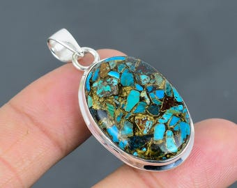 Copper Chrysocolla Pendant: Handmade 925 Sterling Silver Gemstone Jewelry