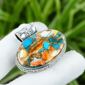 Spiny Oyster Copper Turquoise Gemstone Handmade Pendant 925 Sterling Silver Pendant Oyster Copper Turquoise Big Stone Jewelry Gift For Her