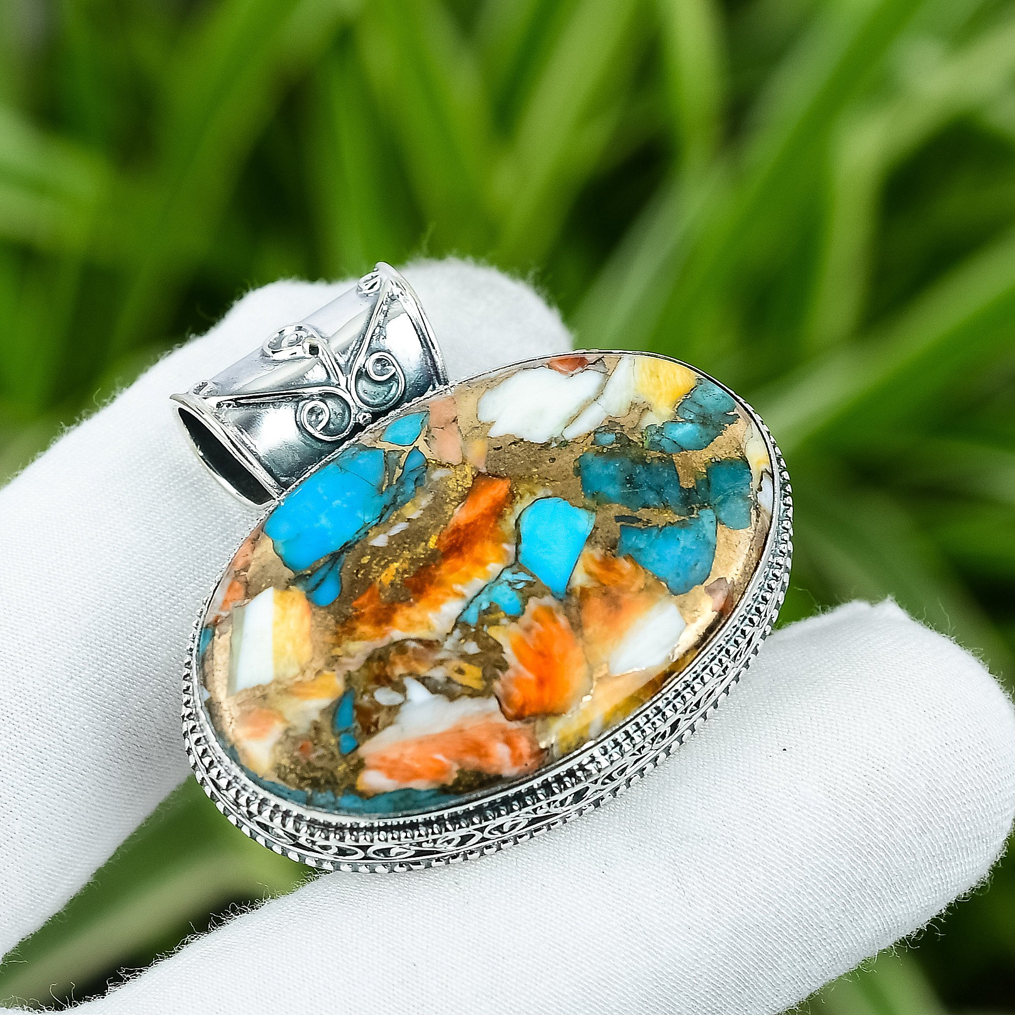 Spiny Oyster Copper Turquoise Gemstone Handmade Pendant 925