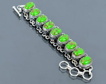 Handmade Sterling Silver Turquoise Bracelet: Oval Green Gemstones, Adjustable Chain