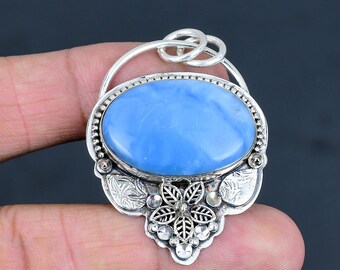 Handmade Owyhee Blue Opal Sterling Silver Pendant Necklace (53mm Oval)