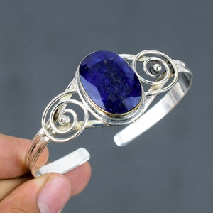 Faceted Blue Sapphire Cuff Bracelet: Handmade 925 Sterling Silver Bangle