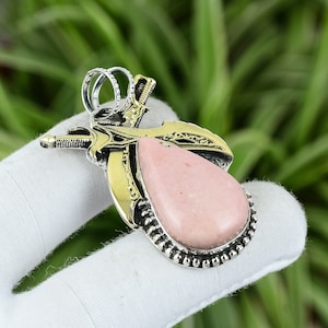 Handmade Pink Opal Sword Pendant: 925 Sterling Silver, 18K Gold Plated
