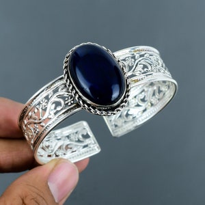 Blue Fire Labradorite Bangle: Handmade 925 Sterling Silver Adjustable Cuff