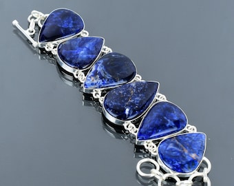 Handmade Sodalite 925 Sterling Silver Bracelet - Adjustable Gemstone Jewelry