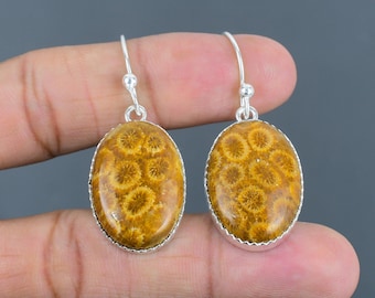 Fossil Coral Earrings: Oval Gemstone, 925 Sterling Silver, Handmade