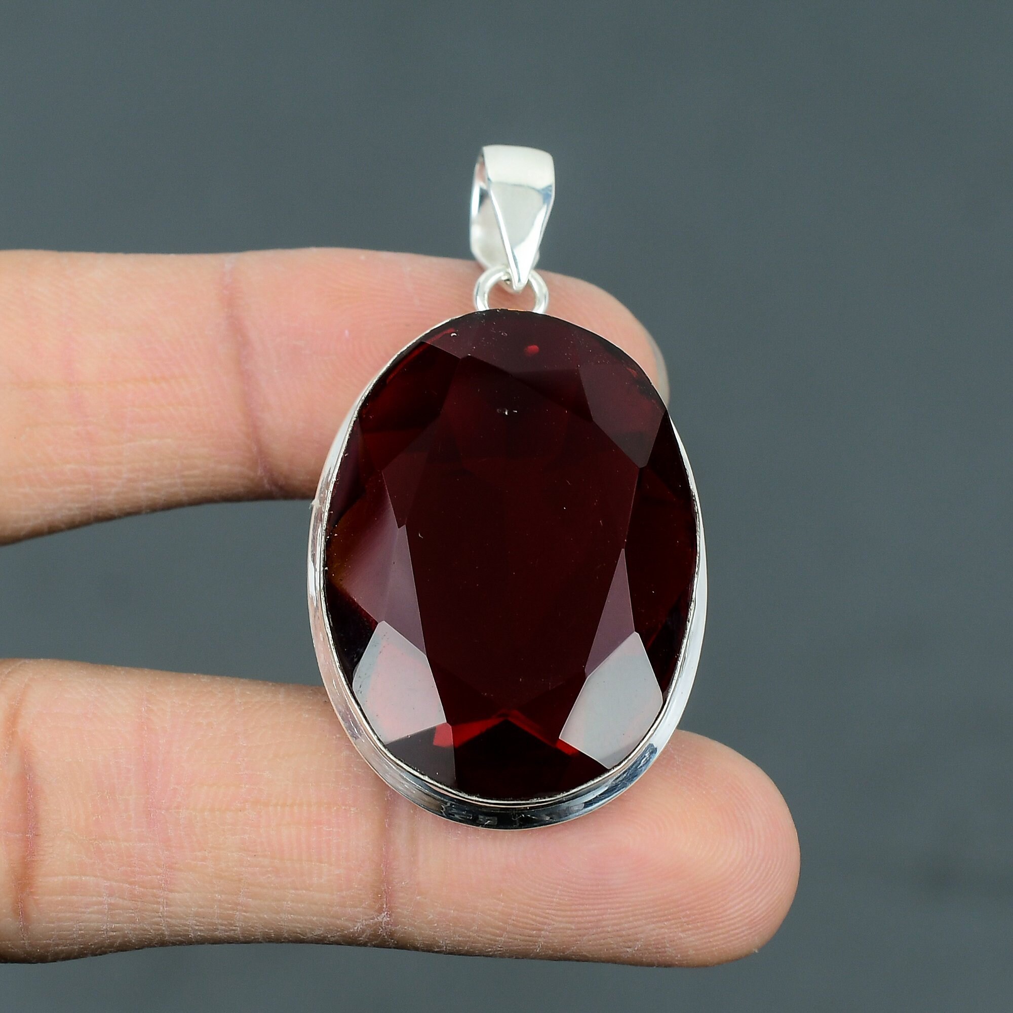 thumbnail image 2 of Handmade Mozambique Garnet Gemstone Pendant - Silver Plated, 1.70 Inches, Red Charm 2 of 2