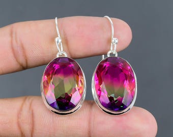 Handmade Faceted Multi Tourmaline Earrings: 925 Sterling Silver Dangle Jewelry