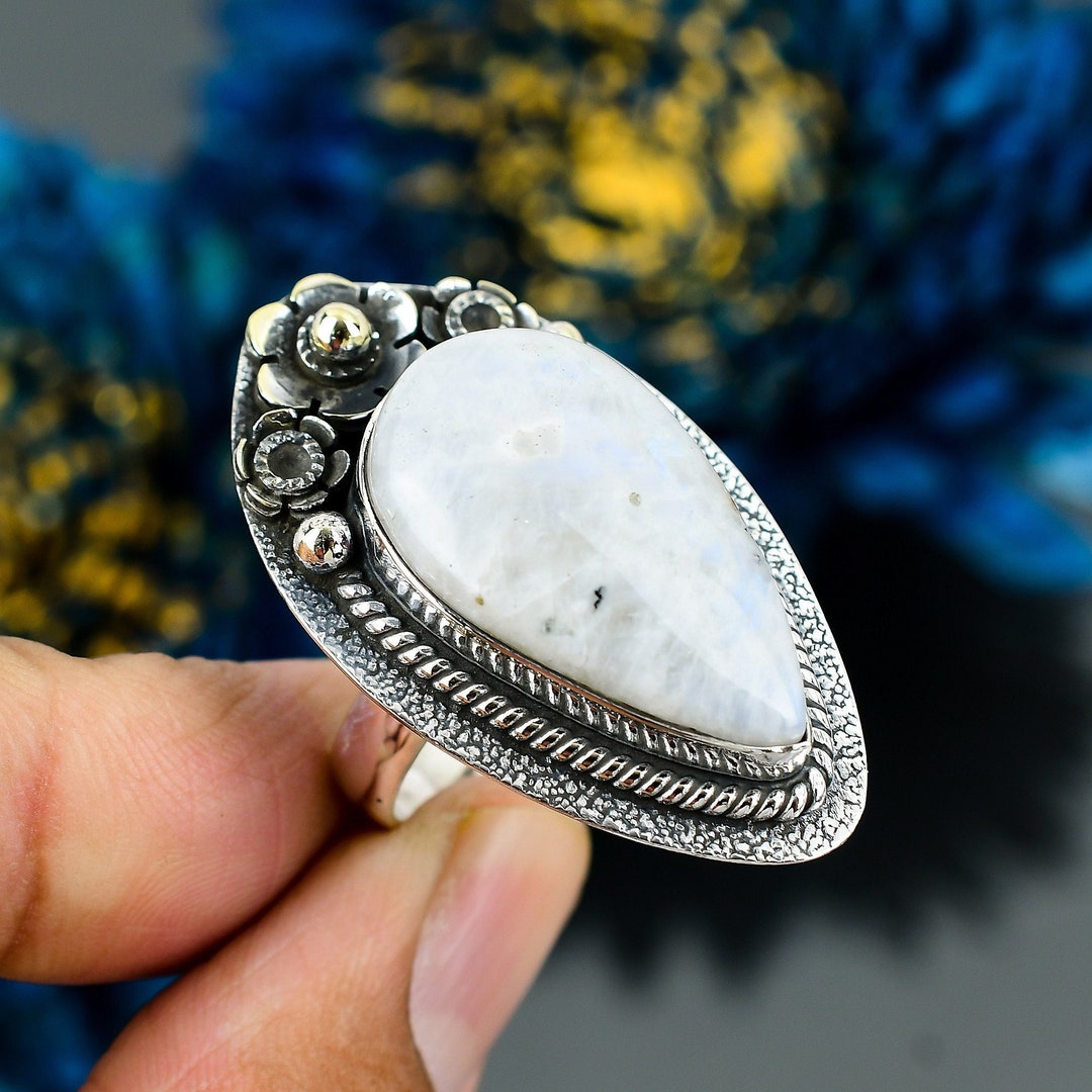 Valuable Rainbow Moonstone Ring 18K Gold Plated Gemstone Etsy