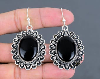 Handmade Black Onyx 925 Sterling Silver Earrings: Dainty Gemstone Jewelry
