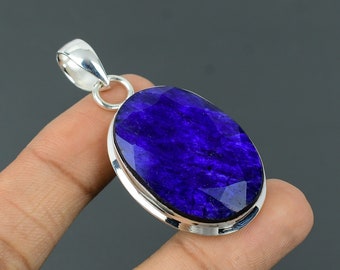 Faceted Blue Sapphire Pendant 925 Sterling Silver Pendant Blue Sapphire Gemstone Jewelry Handmade Unique Pendant Silver Jewelry Gift For Her