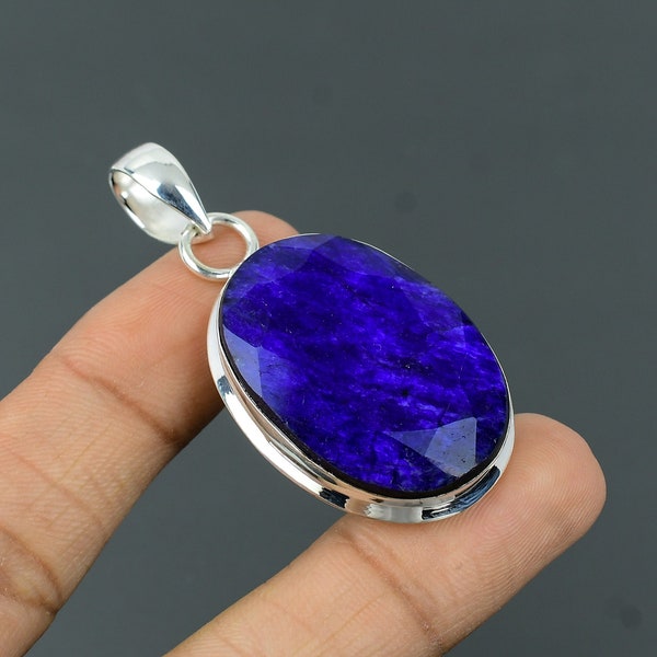 Faceted Blue Sapphire Pendant 925 Sterling Silver Pendant Blue Sapphire Gemstone Jewelry Handmade Unique Pendant Silver Jewelry Gift For Her