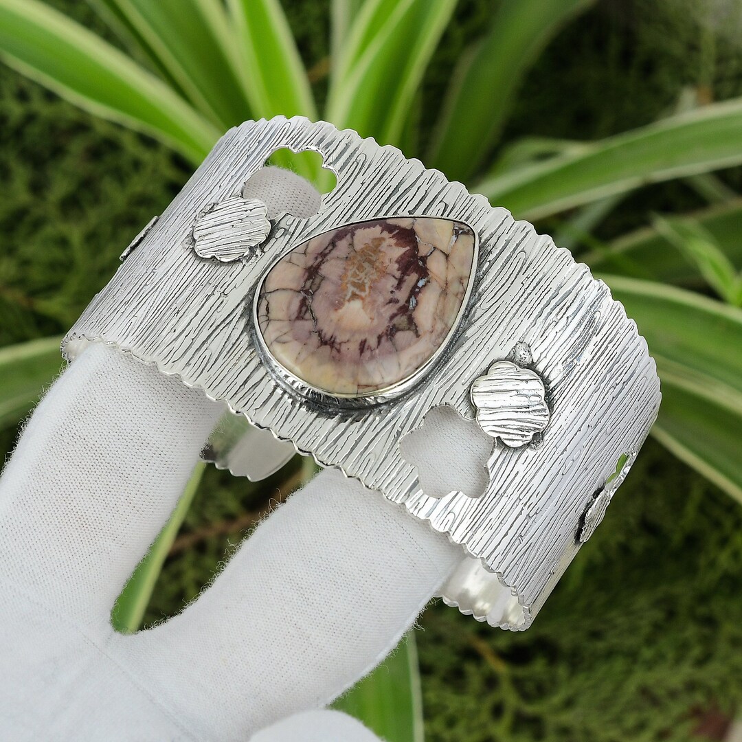 Bracelet Manchette Ajustable En Argent 925 Avec Pierre Jaspe Léopard - Fait Main En Inde - Neuf Sans Emballage