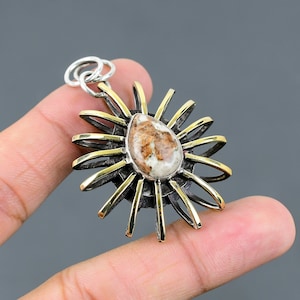 Spessartine Garnet In Limestone Pendant 925 Sterling Silver Pendant Real Gemstone Handmade Jewelry 18K Gold Plated Cage Pendant Gift For Mom