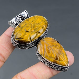 Exquisite Carved Tiger&#39;S Eye Vintage Pendant, Gemstone Pendant, Yellow Pendant, 925 Sterling Silver Jewelry, Birthday Gift, Pendant For Her