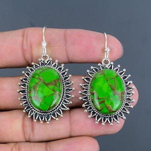 Copper Green Turquoise Earring 925 Sterling Silver Earring Original Gemstone Earring Handmade Jewelry Unique Dangle Earrings Gift For Mother