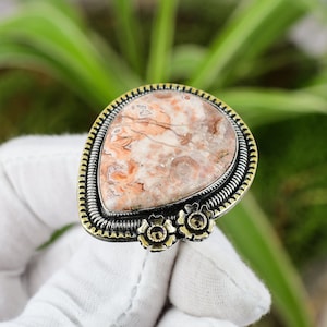 Handmade Crazy Lace Agate Ring: 925 Sterling Silver, 18K Gold Plated, Adjustable
