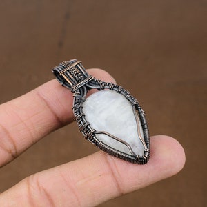 Handmade Pear Rainbow Moonstone Pendant: Copper Wire Wrapped Jewelry