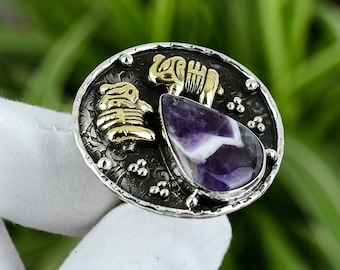 Chevron Amethyst 925 Sterling Silver Ring - Adjustable, Handmade