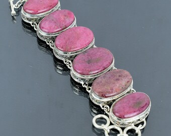 Pulsera de rodonita hecha a mano: joyería vintage ajustable en plata de ley 925