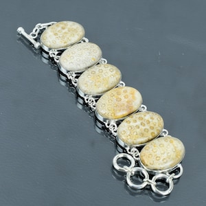 Fossil Coral Bracelet: Handmade 925 Sterling Silver Adjustable Jewelry