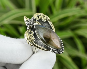 Handmade Marquise Labradorite Ring: 18K Gold Plated 925 Sterling Silver, Adjustable