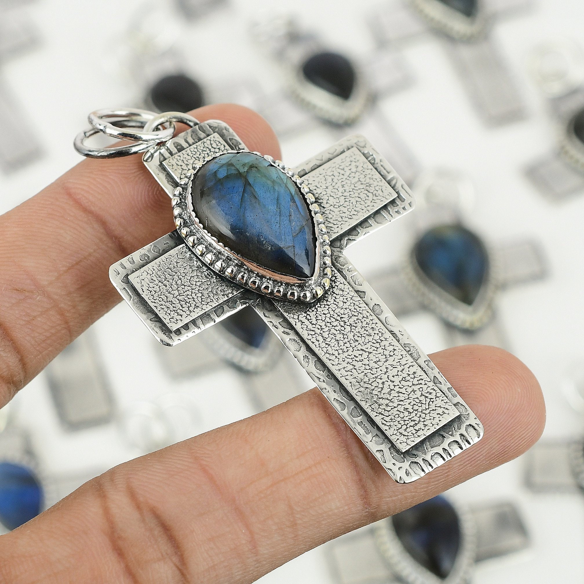 Pendentif Croix En Argent 925 Avec Labradorite - Longueur 4.4 Cm, Neuf Sans Emballage, Style Ethnique