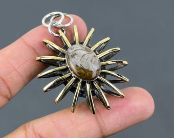 Handmade Sterling Silver Ammonite Fossil Pendant, 18K Gold Plated Cage Jewelry