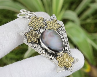 Handmade Mother of Pearl Pendant: 925 Sterling Silver, 18K Gold Plated