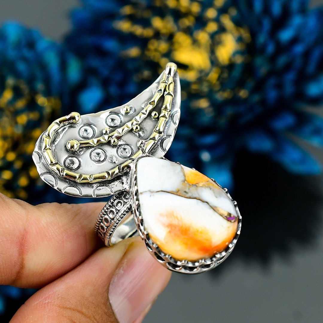 Bague Cocktail Argent 925 Et Turquoise Huître épineuse - Taille 5,5, Deux Tons, R-1589