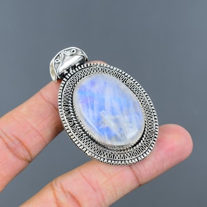 Rainbow Moonstone 925 Sterling Silver Pendant - Handmade Vintage Style