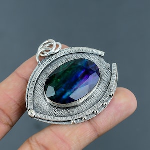 Faceted Ammolite Pendant 925 Sterling Silver Pendant Birthstone Pendant Original Gemstone Handmade Jewelry Designer Pendant Gifts For Wife