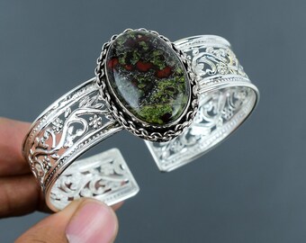 Dragon Bloodstone Sterling Silver Cuff Bangle: Oval Gemstone Bracelet, Adjustable Handmade Jewelry