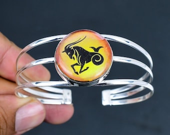 Onyx Capricorn Cuff Bracelet: 925 Sterling Silver Adjustable Bangle