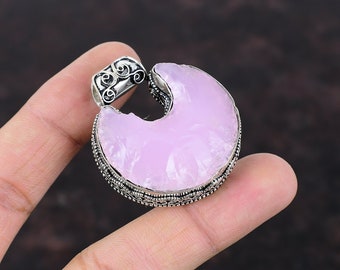 Pendentif croissant de lune calcédoine rose : bijoux vintage en argent sterling