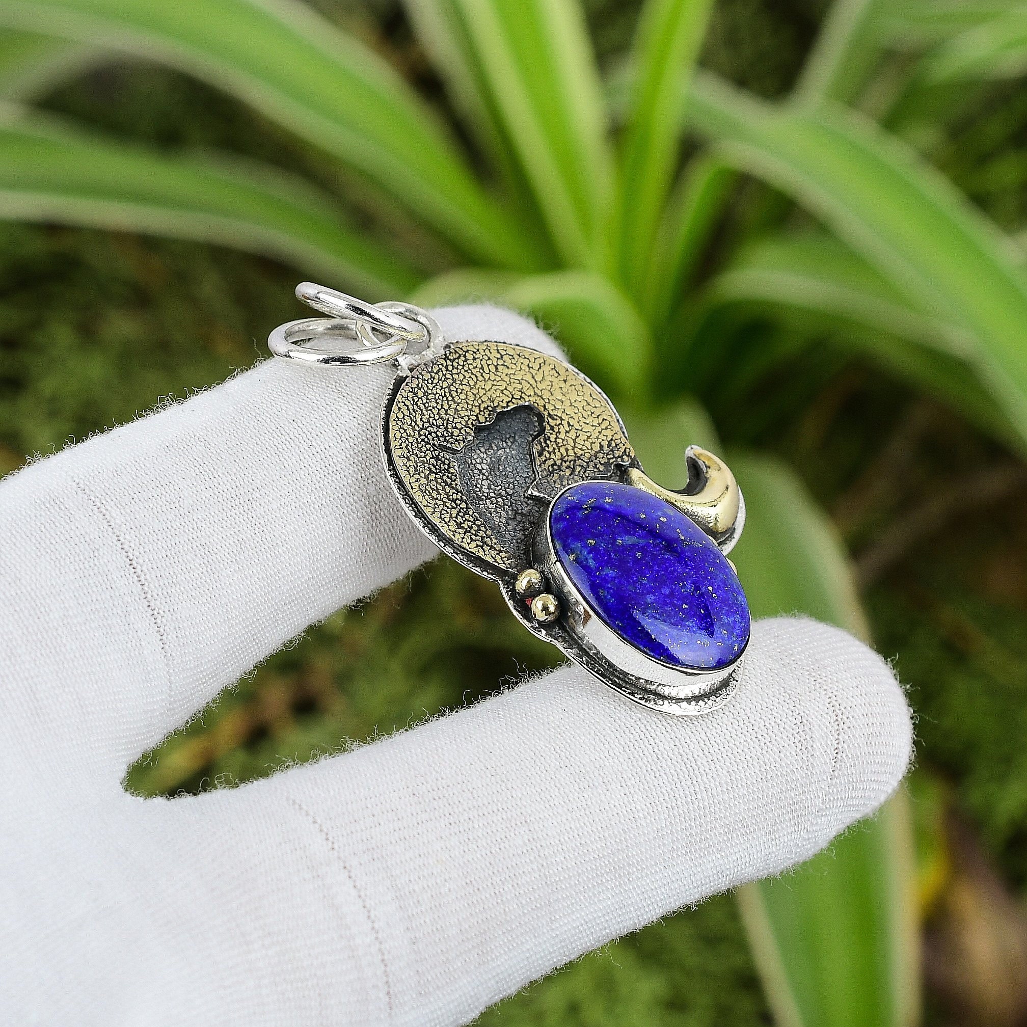 Natural Lapis Lazuli Birthstone Jewelry 18K Gold Plated Sterling Silver Pendant 