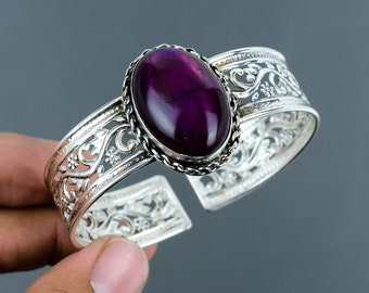 Purple Fire Labradorite Bangle: Adjustable Sterling Silver Cuff Bracelet