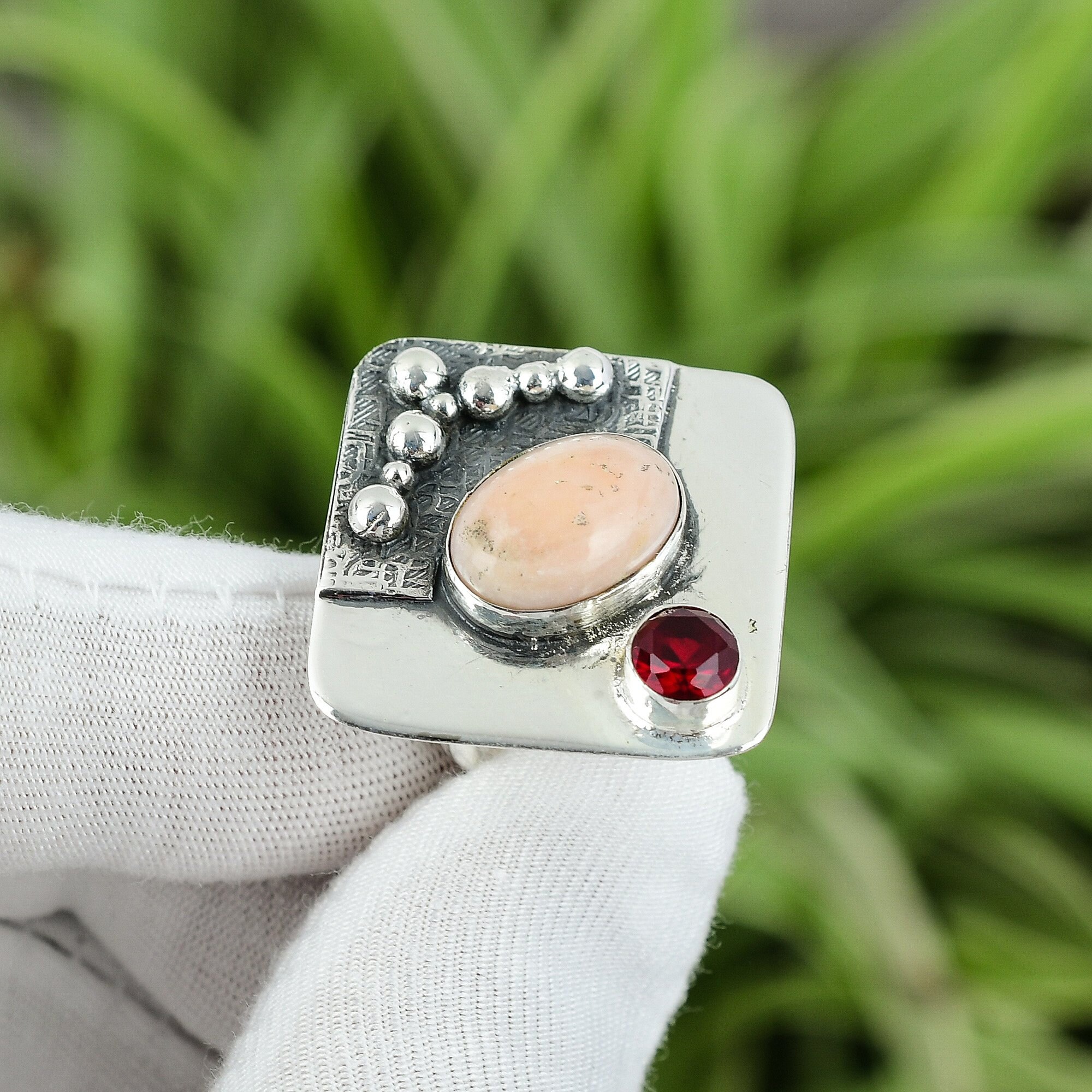 Morganit Ring Gold Handgefertigter 925 Sterlingsilber Ring Mit Mosambik Granat – Valentinstag-Geschenk, Alle Größen Mexico 925