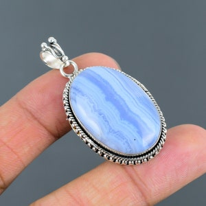Blue Lace Agate 925 Sterling Silver Pendant - Handmade Gemstone Jewelry