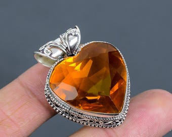 Faceted Citrine Heart Pendant: Handmade 925 Sterling Silver Vintage Jewelry