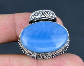 Handmade Owyhee Blue Opal Sterling Silver Pendant, Oval Gemstone Jewelry