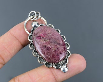 Handmade Rhodonite 925 Sterling Silver Pendant: Oval Gemstone Jewelry