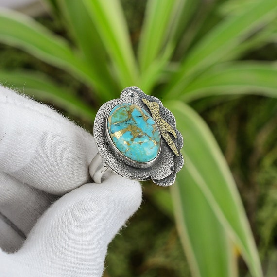 Copper Blue Turquoise Ring 925 Sterling Silver Ring Adjustable