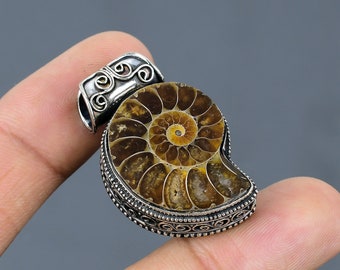 Ammonite Fossil Pendant Handmade Pendant 925 Sterling Silver Pendant Real Gemstone Pendant Wedding Jewelry Gift Vintage Pendant Gift For Mom